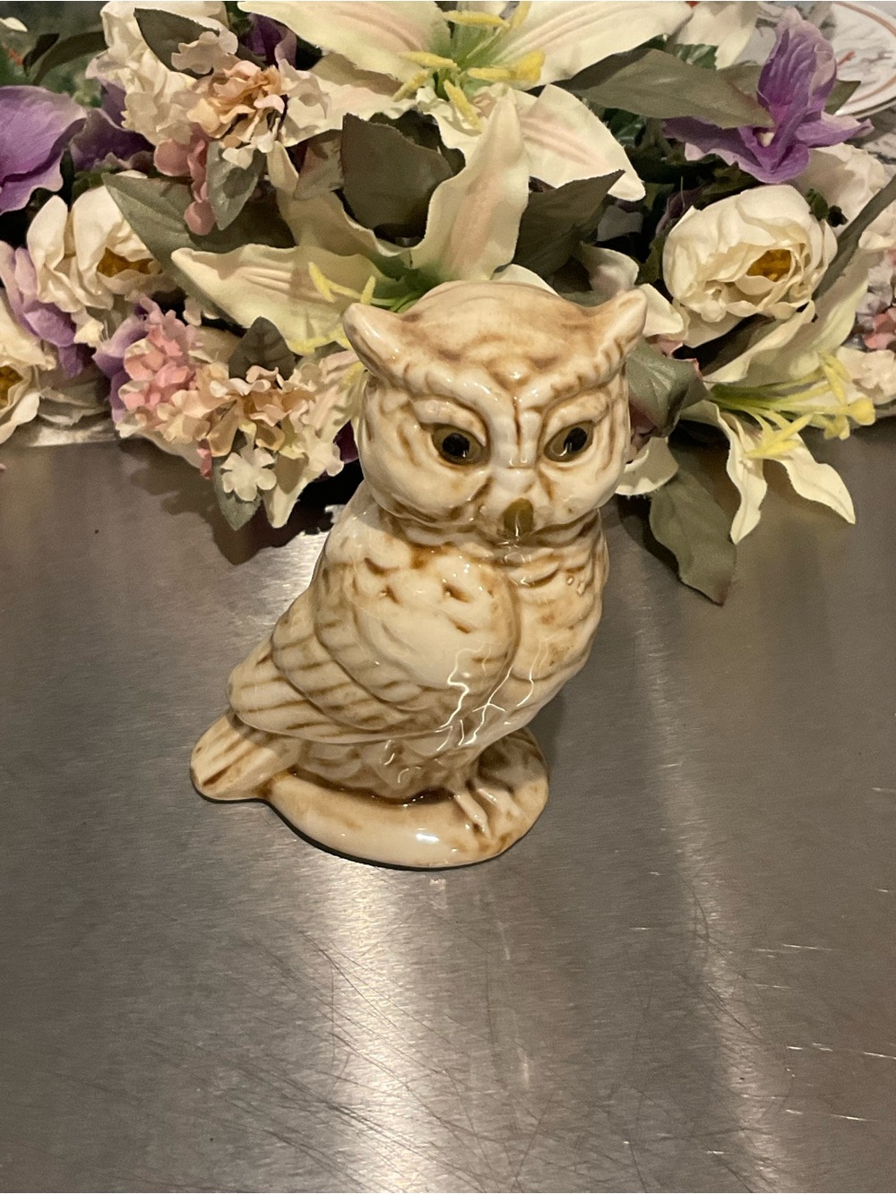 Shelf #1–Glazed Ceramic Owl Figurine in Cream and Brown - Decorative Accent